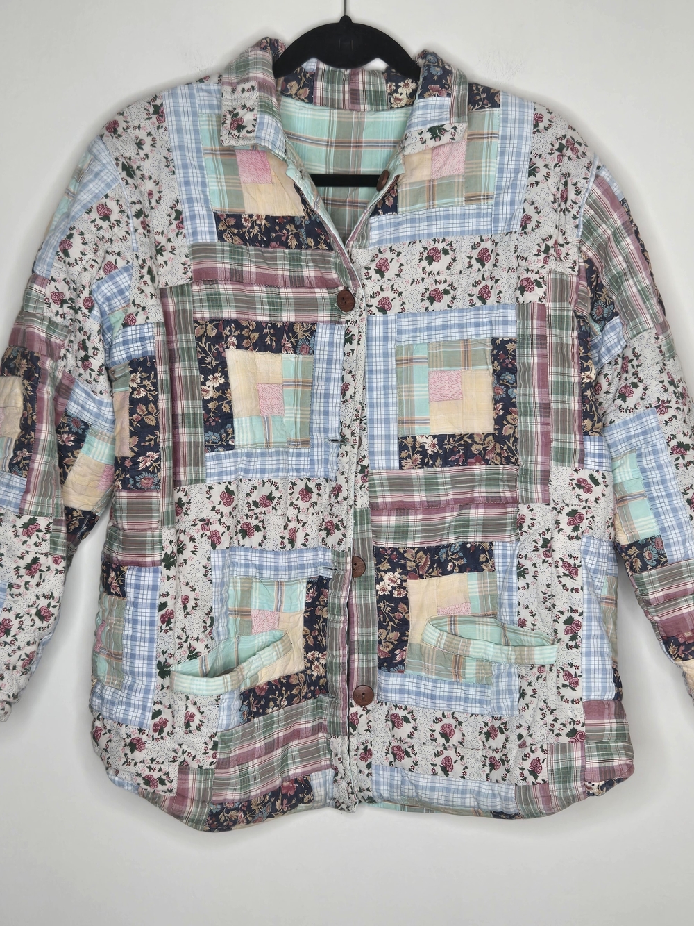 Vintage Patchwork Quilted Jacket Cottagecore Floral Plaid Wooden Button Shacket